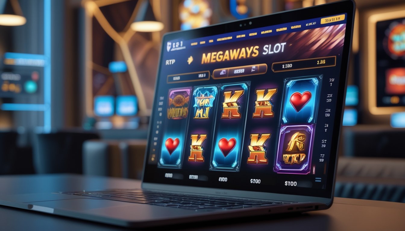 Tampilan layar komputer dengan permainan slot Megaways yang berwarna-warni di ruangan dengan pencahayaan lembut.