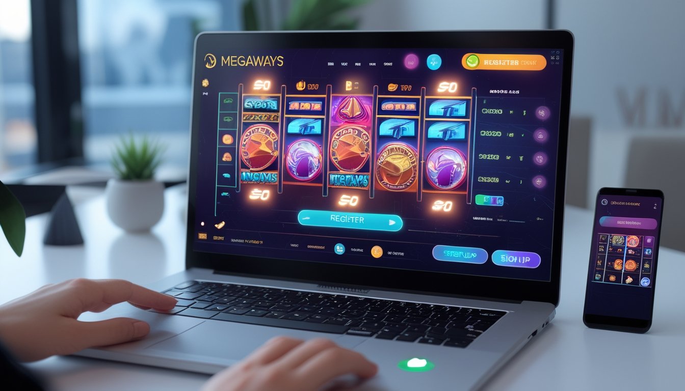 Seorang pengguna sedang mendaftar akun di situs permainan slot Megaways menggunakan komputer dan ponsel, dengan tampilan permainan slot berwarna cerah di layar.