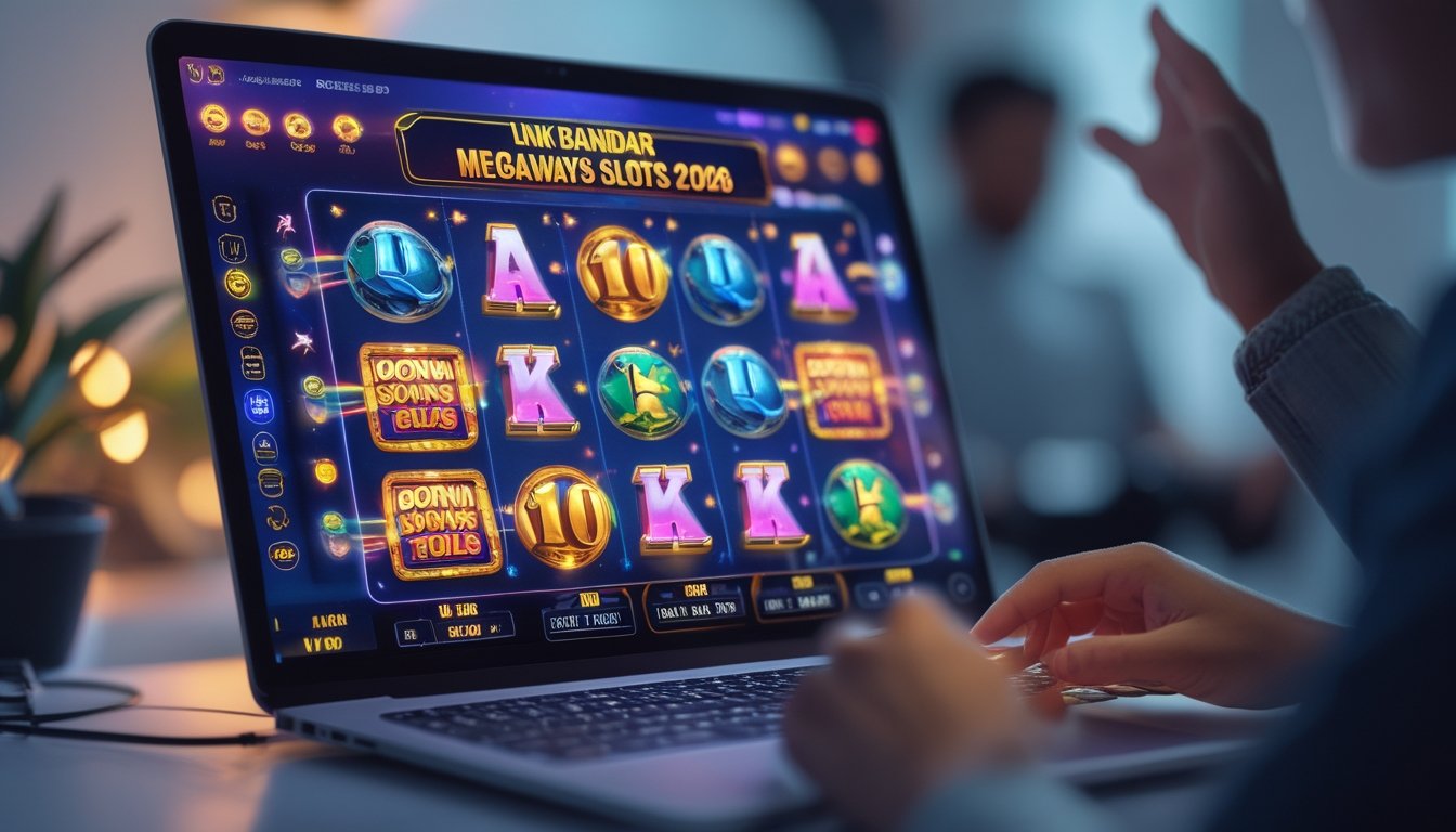 Tangan seseorang menggunakan laptop dengan tampilan permainan slot warna-warni di layar dalam suasana modern.