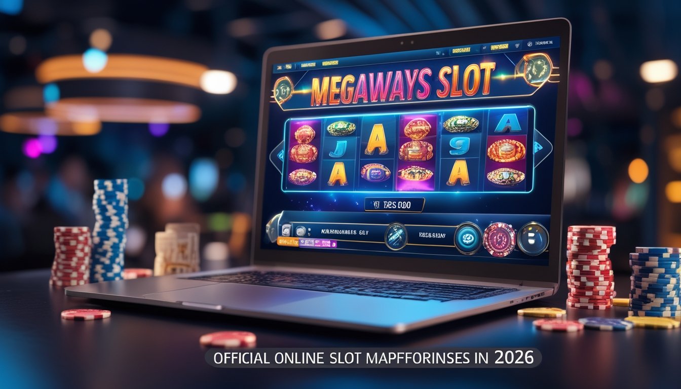 Layar komputer menampilkan permainan slot Megaways dengan chip poker dan kartu di sekitarnya.