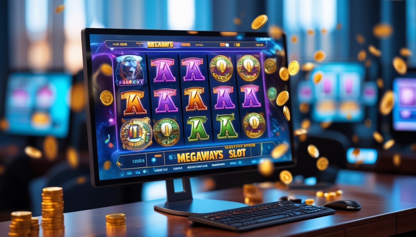 Antarmuka kasino online modern dengan permainan slot Megaways ditampilkan di layar komputer dan ponsel di atas meja kayu.