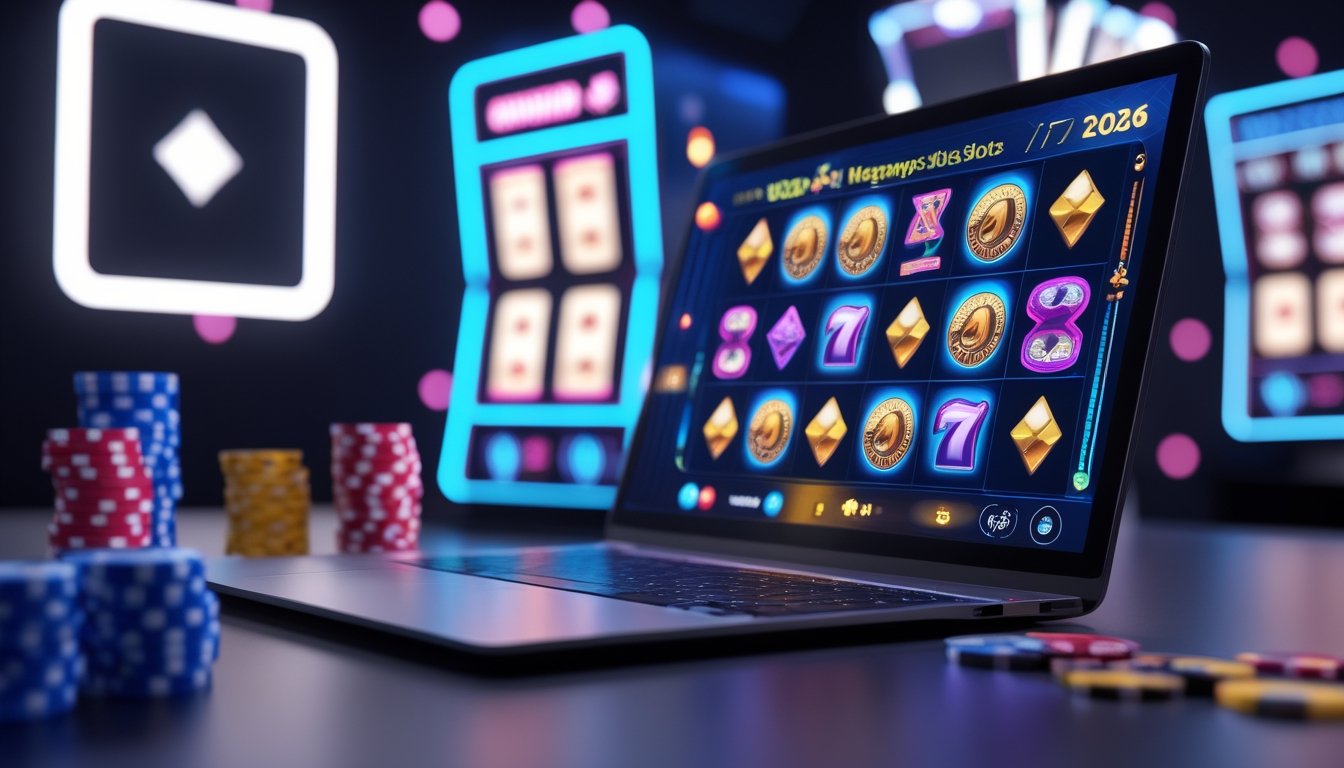 Layar komputer menampilkan permainan slot Megaways dengan simbol warna-warni dan suasana kasino digital di latar belakang.