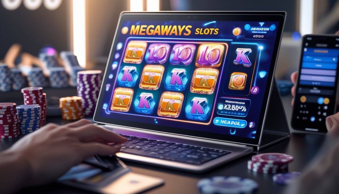 Seorang pengguna sedang melihat layar perangkat digital yang menampilkan permainan slot Megaways dengan simbol warna-warni dan beberapa elemen taruhan di sekitarnya.
