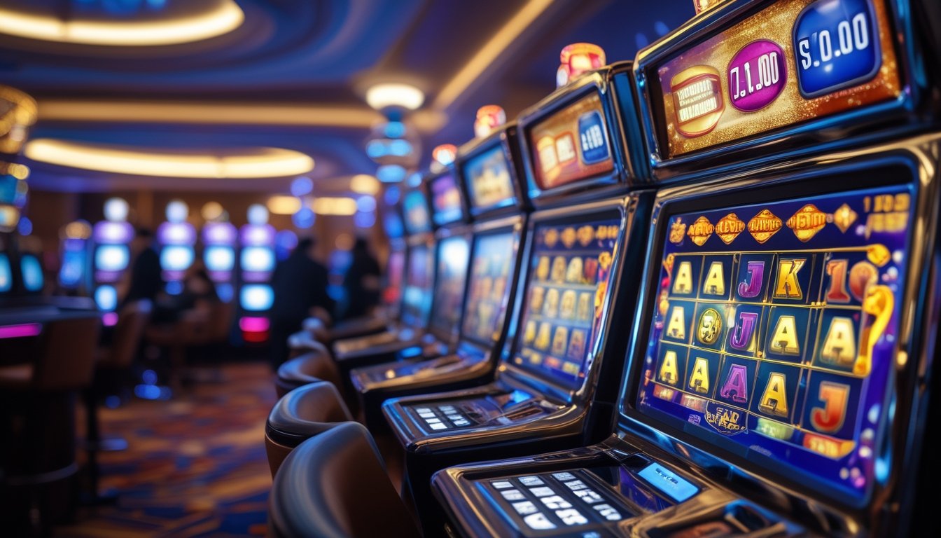 Suasana kasino dengan mesin slot modern yang berwarna-warni dan pencahayaan mewah, menampilkan peluang jackpot besar.