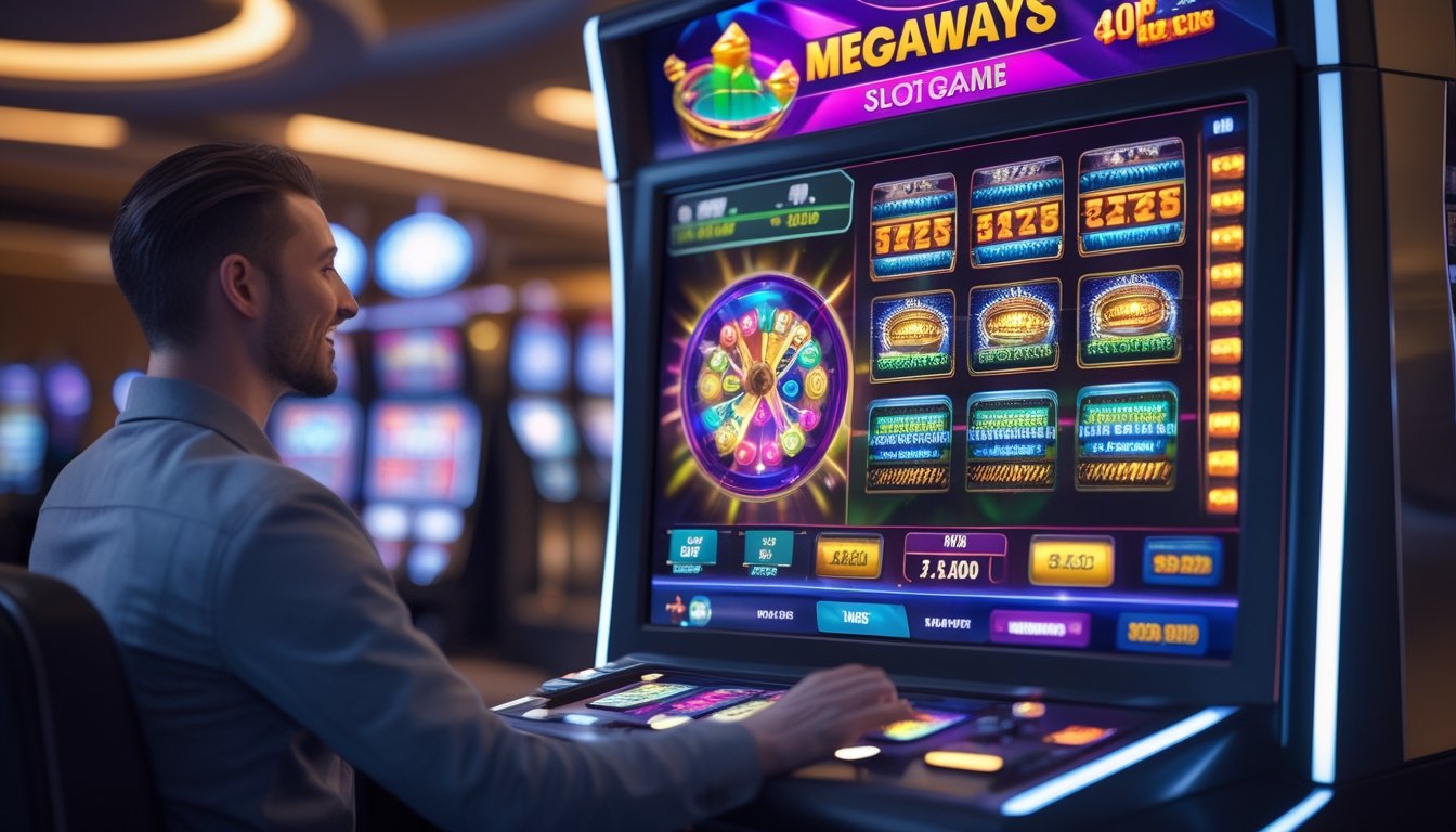 Seorang pemain sedang menggunakan mesin slot digital Megaways di kasino dengan latar belakang mesin slot lainnya dan pencahayaan yang hangat.