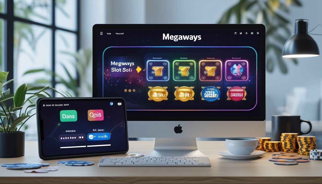 Seorang pengguna sedang bermain slot Megaways di laptop dengan smartphone yang menampilkan aplikasi dompet digital untuk pembayaran Dana dan QRIS di meja kerja yang rapi.