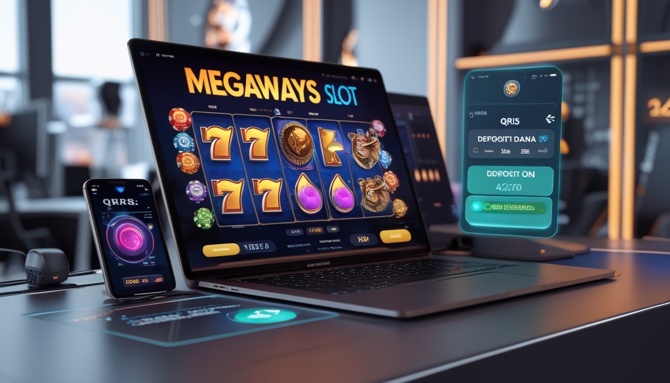 Seorang pengguna sedang bermain permainan slot Megaways di komputer dengan ponsel yang menampilkan opsi pembayaran digital di meja kerja yang rapi.