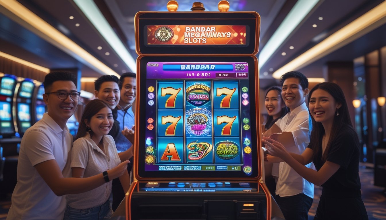 Orang-orang bermain mesin slot digital di dalam kasino dengan suasana ceria dan modern.