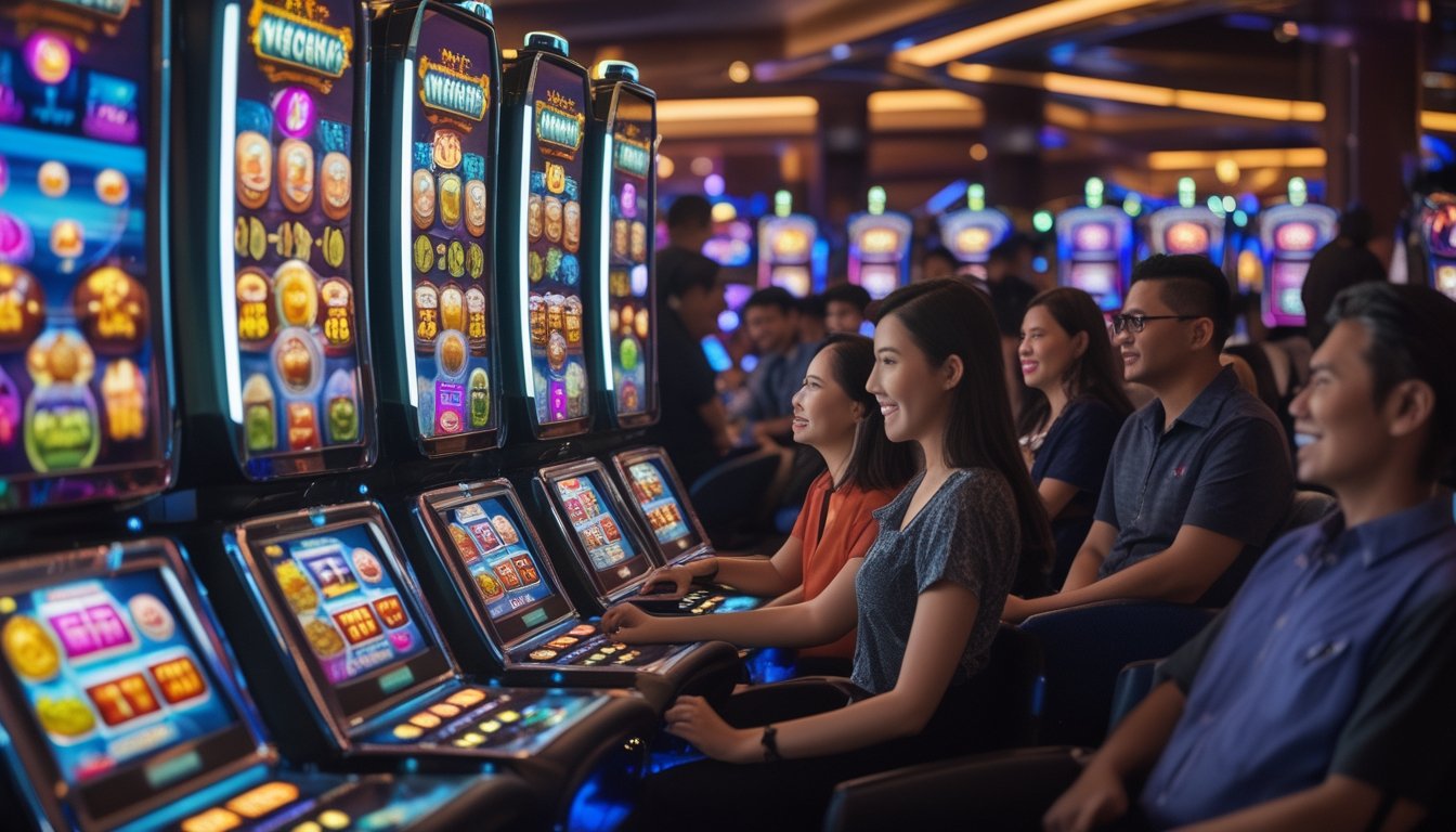 Beberapa mesin slot Megaways yang menyala dengan pemain menikmati suasana kasino yang ramai.