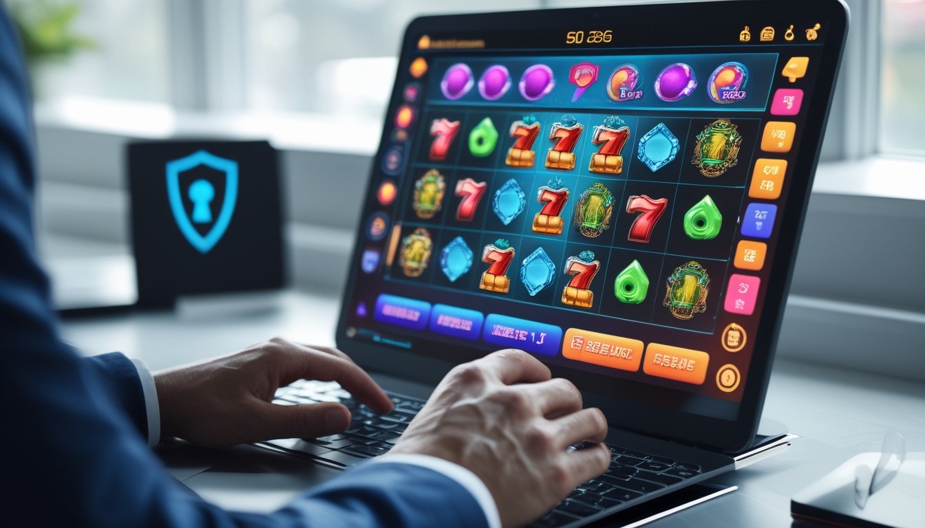 Seseorang bermain permainan slot Megaways online di komputer dengan latar belakang simbol keamanan digital.