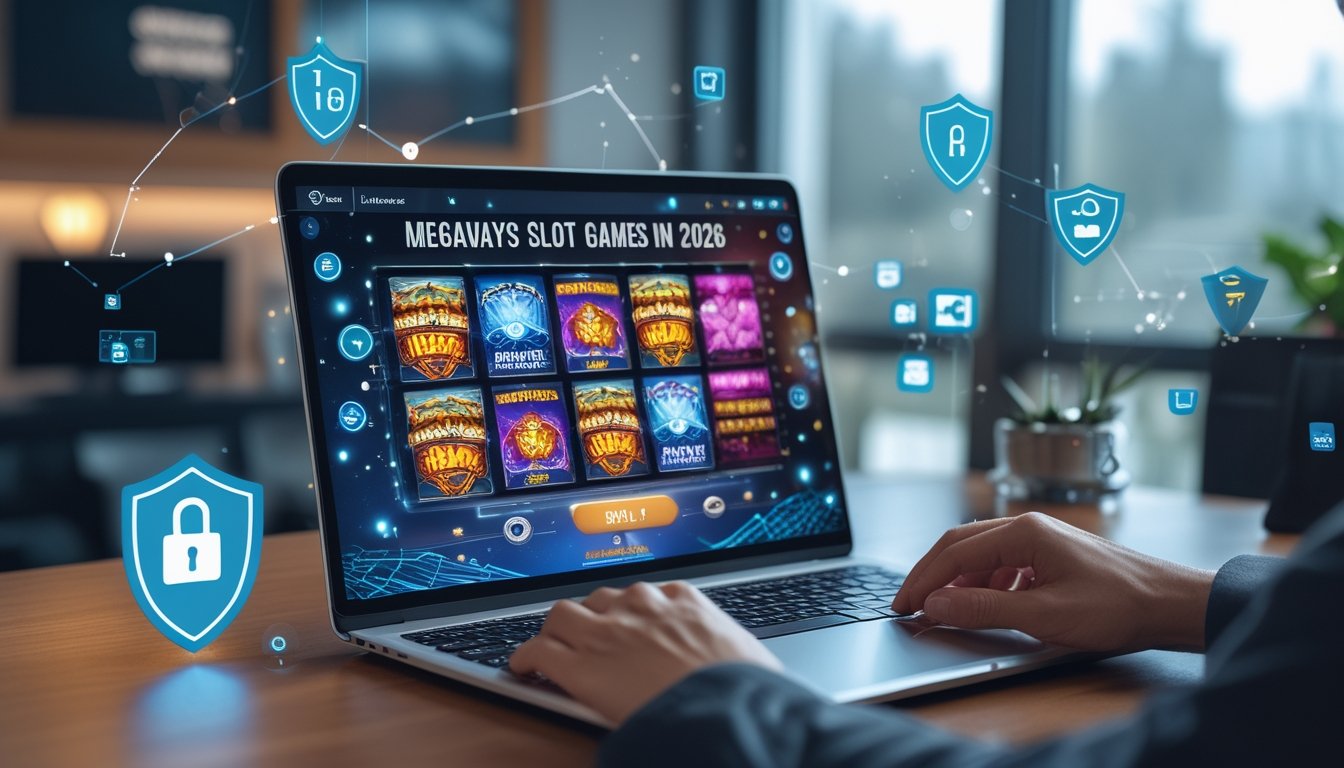 Seorang pria duduk di depan laptop yang menampilkan permainan slot Megaways dengan ikon keamanan digital di latar belakang.