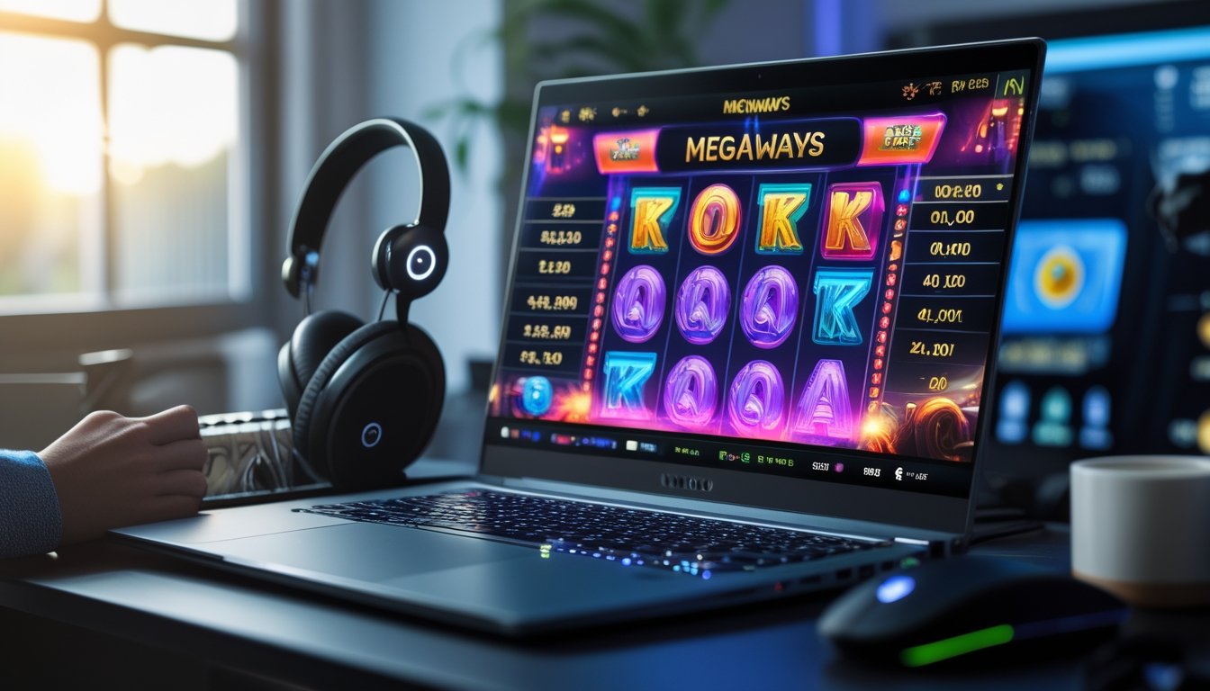 Seorang pengguna bermain permainan slot Megaways di laptop dengan meja kerja yang rapi dan pencahayaan alami.