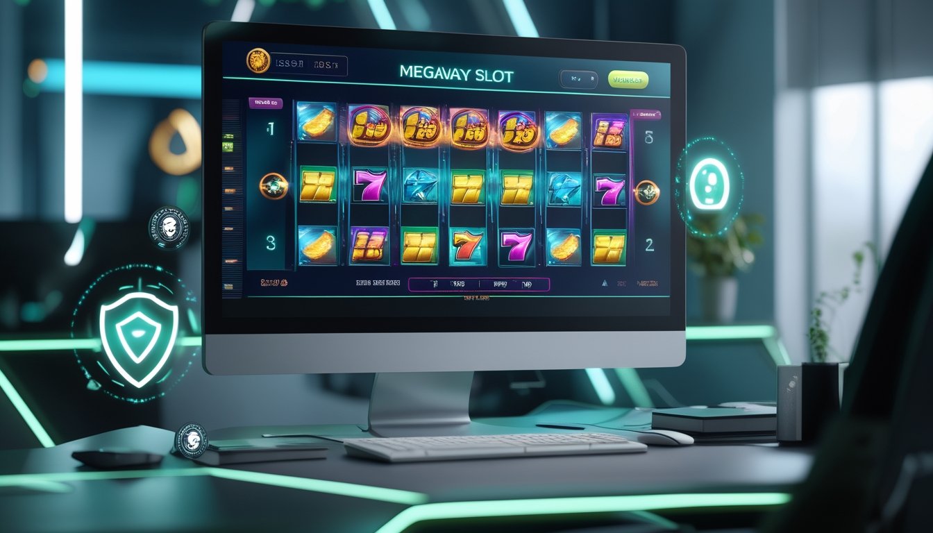 Suasana ruang kerja modern dengan layar komputer menampilkan permainan slot Megaways yang berwarna-warni dan ikon keamanan digital.