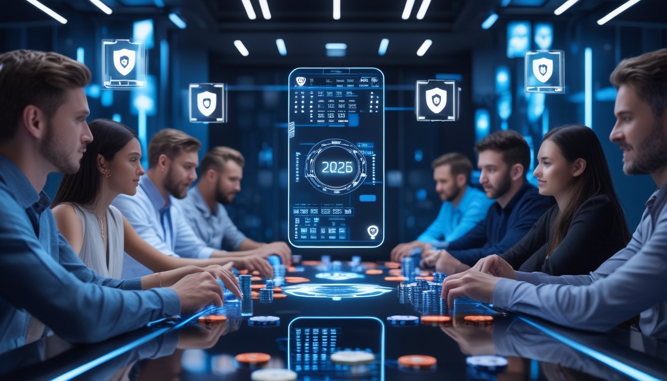 Sejumlah pemain poker sedang bermain di meja kaca dengan kartu dan chip poker holografik di ruangan berlampu biru dan ungu.