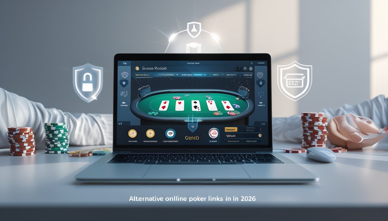 Sebuah laptop menampilkan permainan poker online dengan kartu dan chip, dikelilingi oleh simbol keamanan seperti gembok dan perisai, menggambarkan akses poker online yang aman.