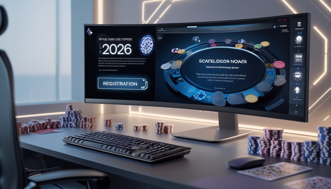 Meja dengan monitor menampilkan permainan poker online, tumpukan chip poker, kartu bermain, dan perlengkapan komputer di lingkungan yang modern dan terang.