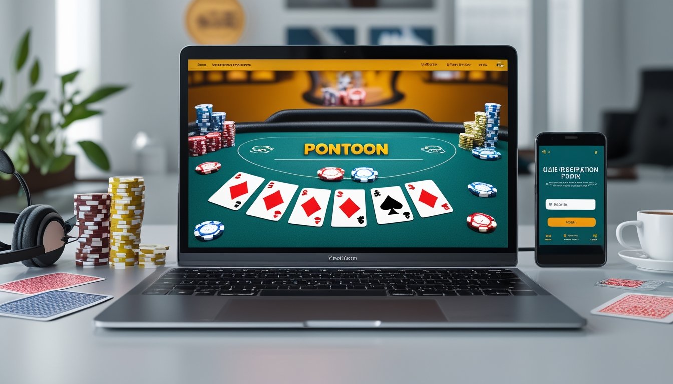 Seorang pemain menggunakan komputer dengan tampilan permainan poker Pontoon online, di meja terdapat chip poker dan kartu, serta ponsel dengan formulir pendaftaran cepat.
