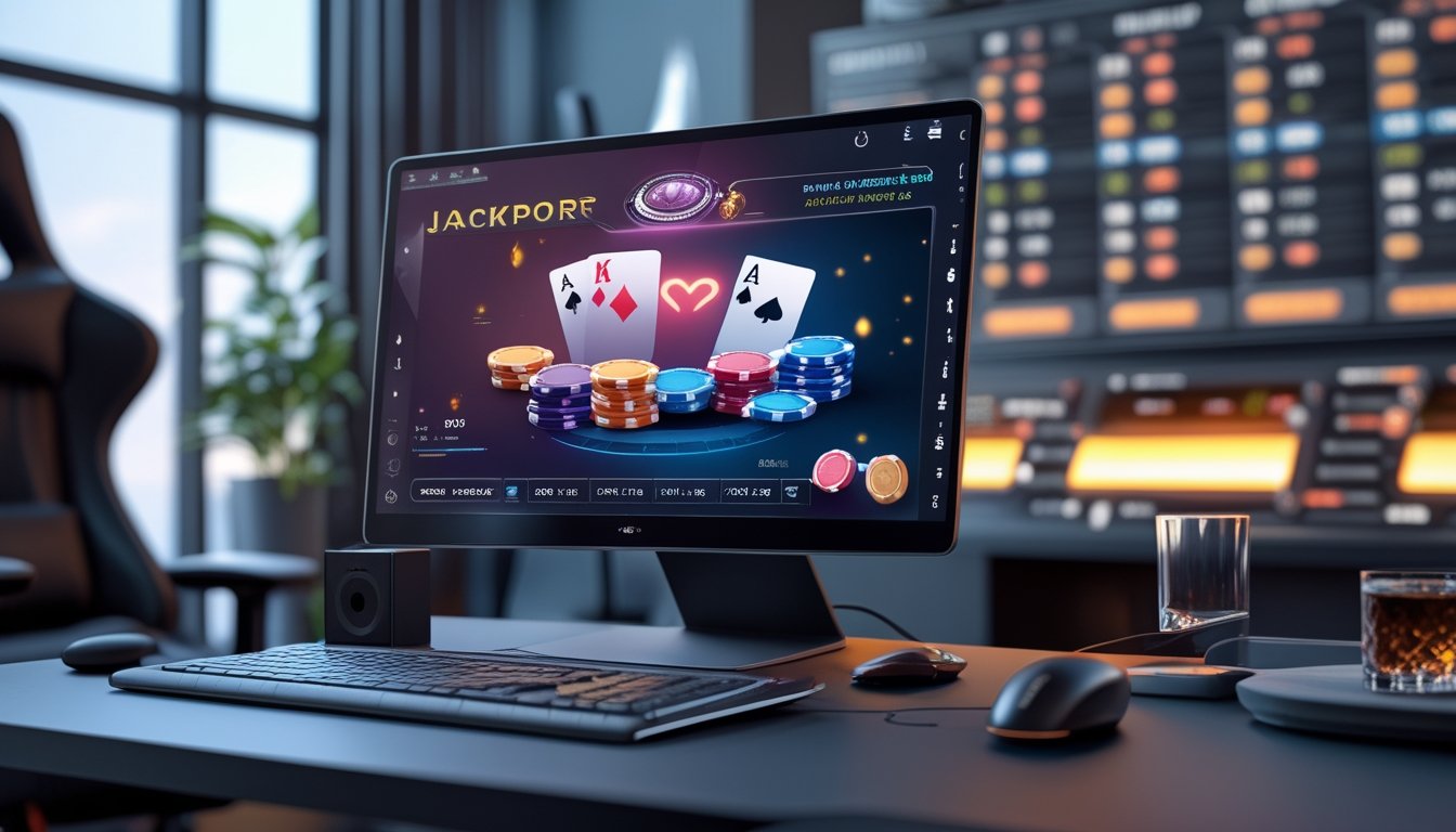 Suasana ruang dengan komputer menampilkan permainan poker online dan grafik jackpot yang menyala.