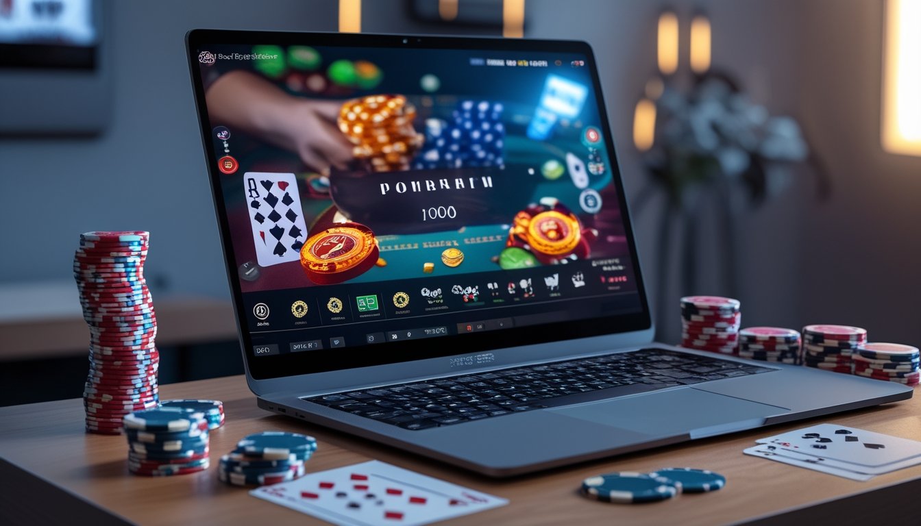 Seorang pemain poker online menggunakan komputer dengan kartu dan tumpukan chip poker di meja, menampilkan suasana permainan Pontoon dengan jackpot besar.