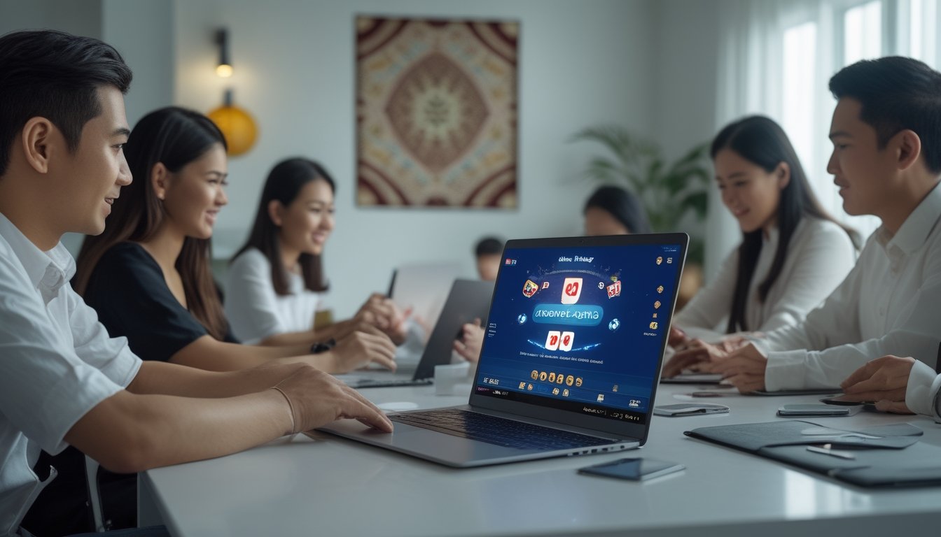 Beberapa pemain Indonesia sedang bermain poker online Pontoon di ruang kerja modern dengan laptop dan dekorasi khas Indonesia.