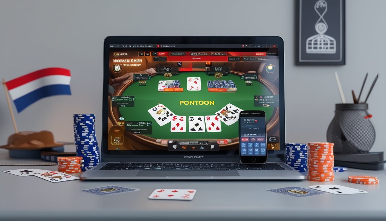 Sebuah meja dengan laptop menampilkan permainan poker online Pontoon, dikelilingi chip poker dan kartu remi, dengan latar belakang yang sederhana dan elemen budaya Indonesia.