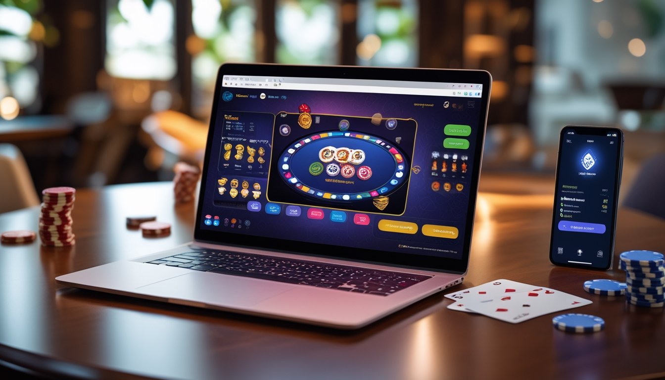 Seorang pemain sedang bermain poker online dengan laptop dan chip poker di atas meja kayu yang rapi.