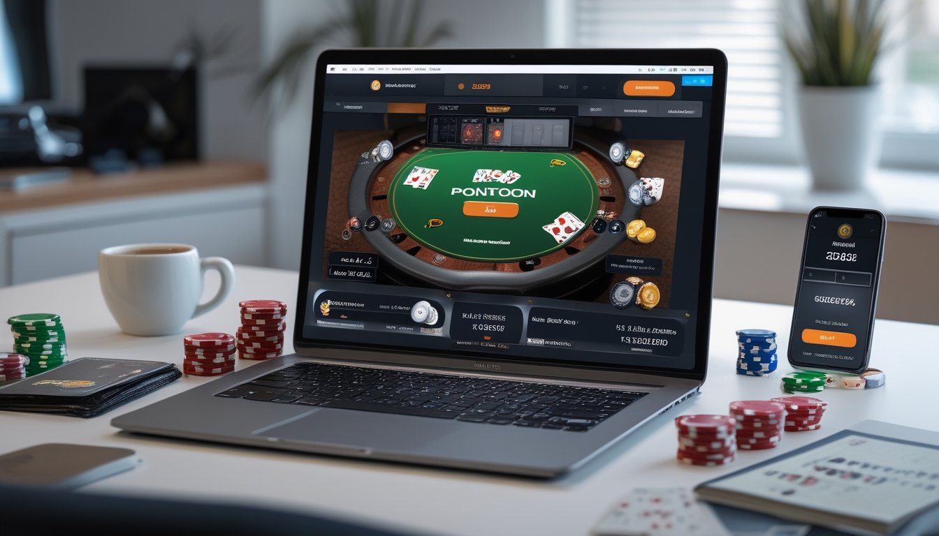 Seorang pemain poker online sedang bermain Pontoon di laptop dengan chip poker dan kartu di meja, di samping terdapat ponsel dan suasana ruangan yang nyaman.