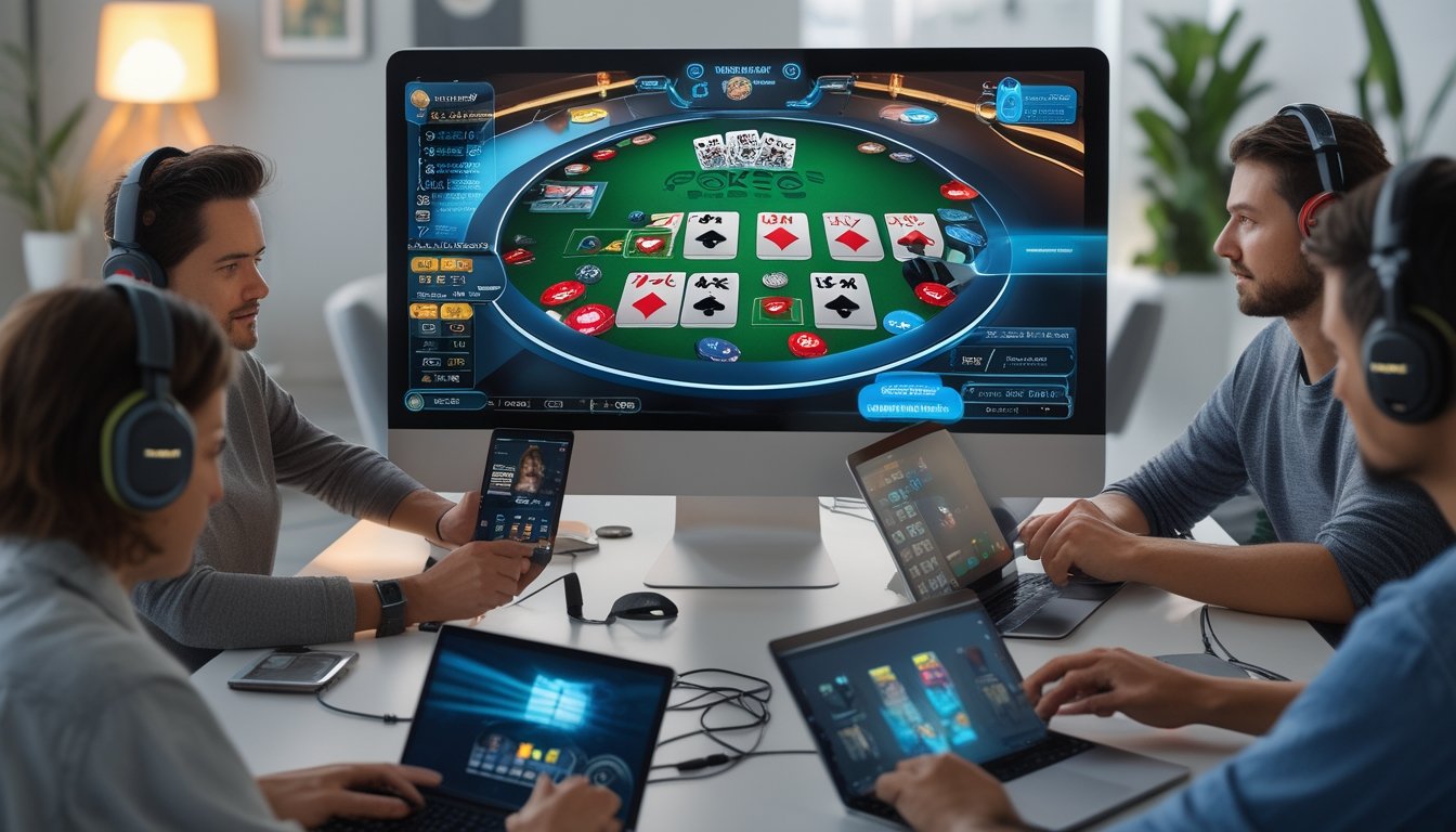Sekelompok pemain sedang bermain poker dan pontoon online di sebuah ruangan modern dengan perangkat digital.