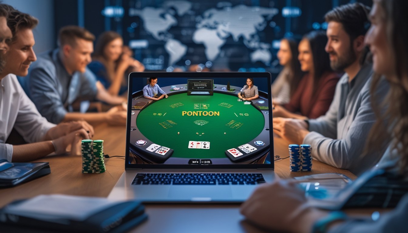 Beberapa orang bermain poker Pontoon online menggunakan laptop di lingkungan rumah yang nyaman.