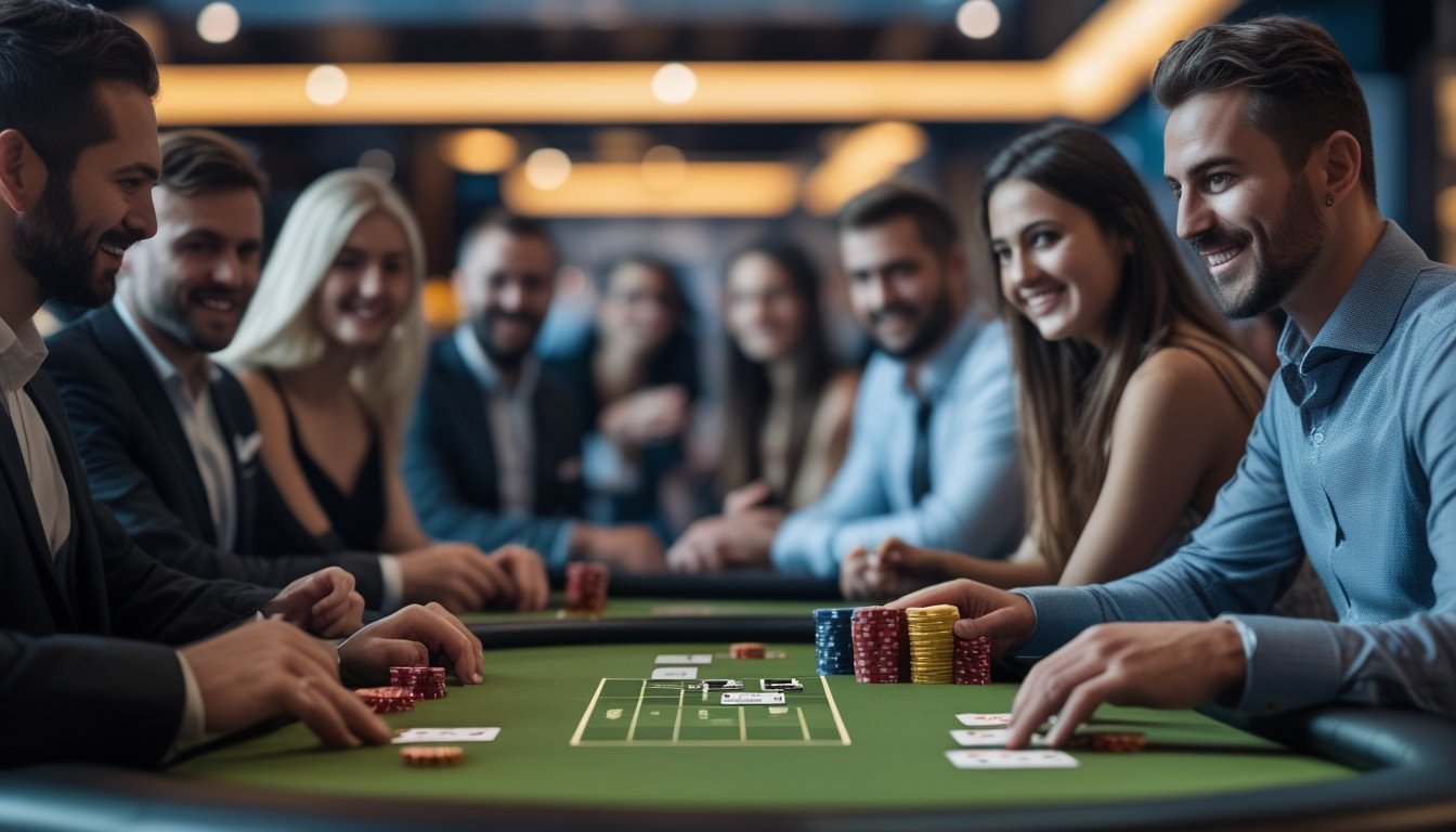 Meja poker dengan chip dan kartu yang tertata rapi, dikelilingi oleh beberapa pemain yang sedang bermain dalam suasana kasino yang elegan.