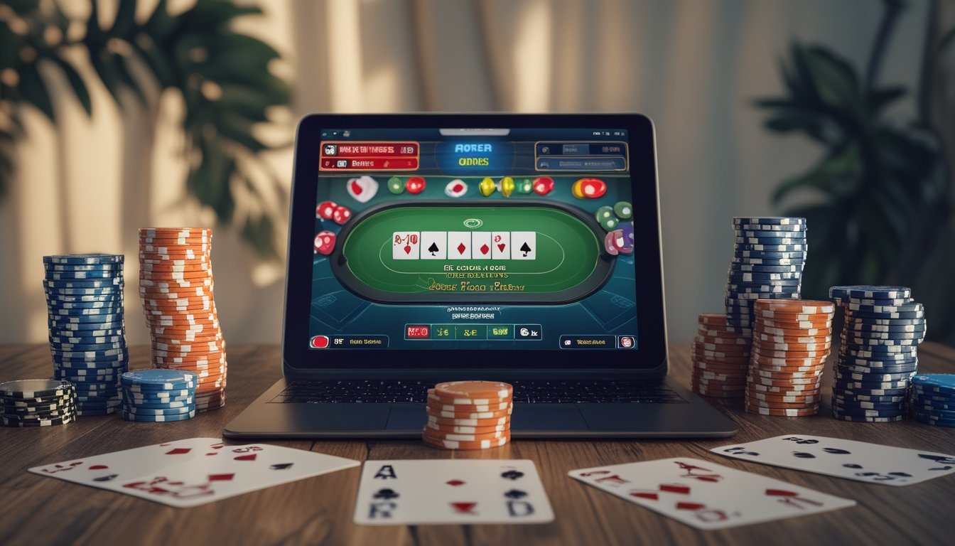 Sebuah laptop dengan permainan poker online Pontoon yang sedang berlangsung, dikelilingi oleh tumpukan chip poker dan kartu remi di atas meja kayu.