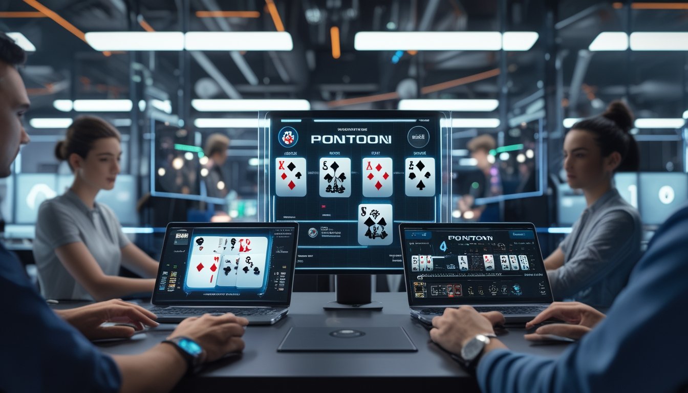 Orang-orang bermain permainan kartu poker dan pontoon secara online dengan perangkat digital di ruangan berteknologi tinggi.