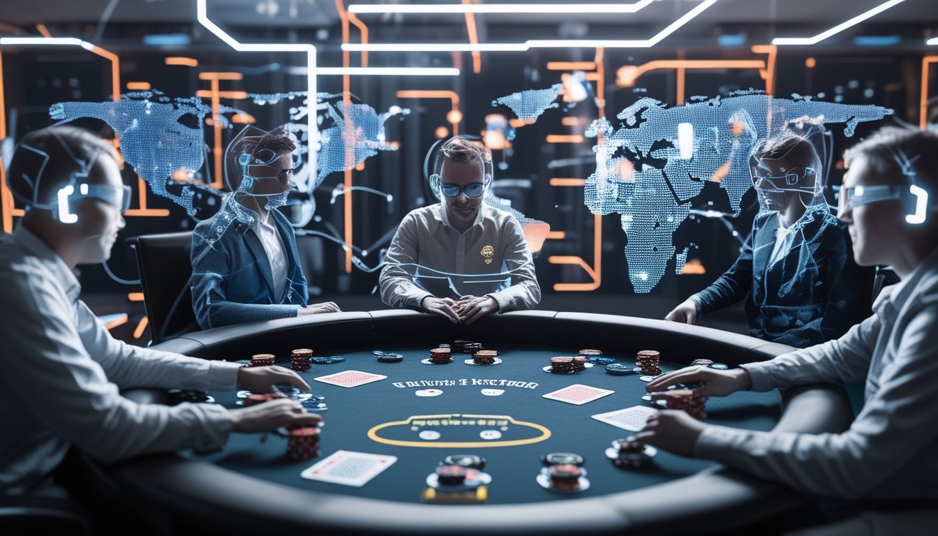 Suasana permainan poker Pontoon online dengan meja poker virtual dan avatar pemain dari berbagai negara yang sedang bermain.