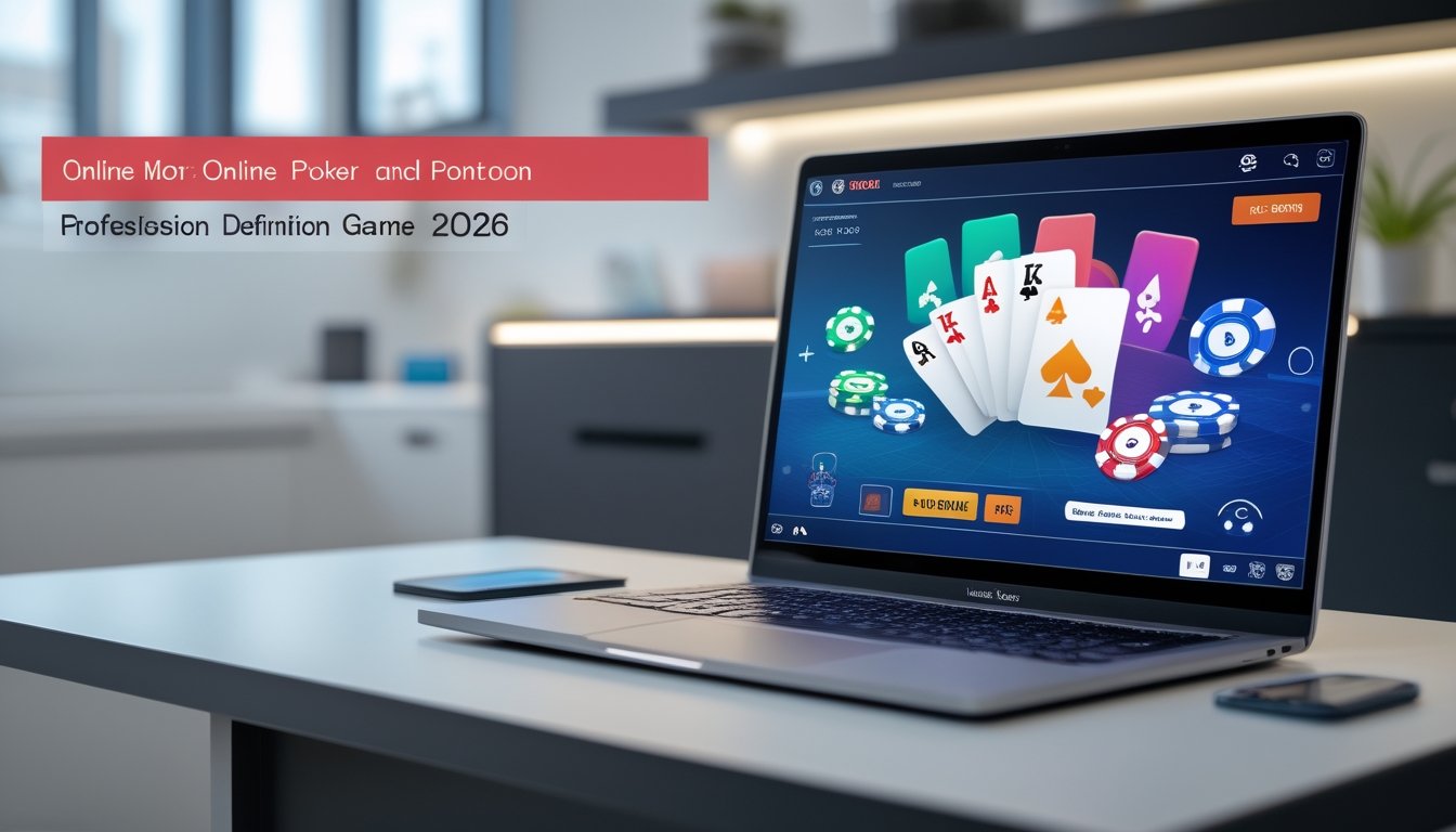 Seorang pengguna sedang bermain poker dan pontoon online di komputer dengan tampilan antarmuka yang jelas dan nyaman di ruang kerja yang terang dan rapi.