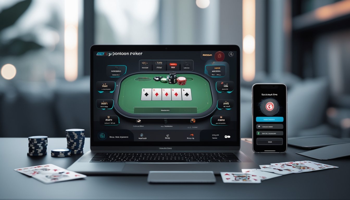 Seorang pemain sedang menggunakan laptop dan smartphone untuk bermain poker Pontoon online dengan tumpukan chip dan kartu di meja.
