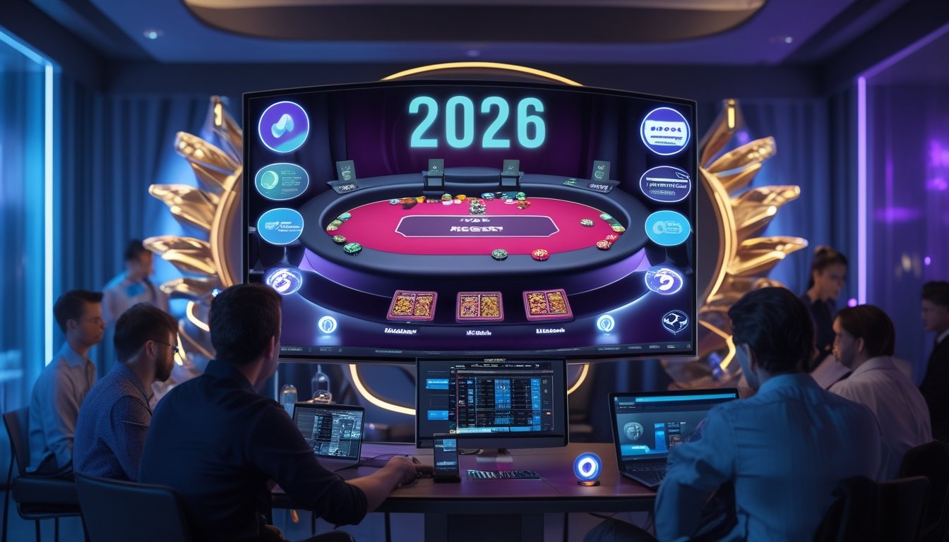 Orang-orang bermain poker online di depan komputer dengan tampilan meja poker digital dan simbol transaksi cepat di latar belakang.