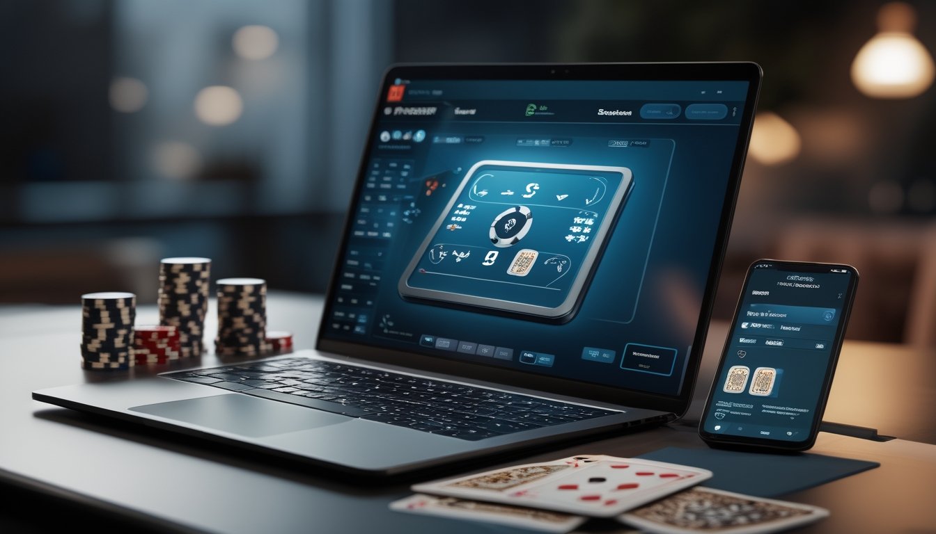 Sebuah laptop dengan meja poker digital, chip poker, kartu, dan ponsel yang menampilkan antarmuka transaksi cepat.