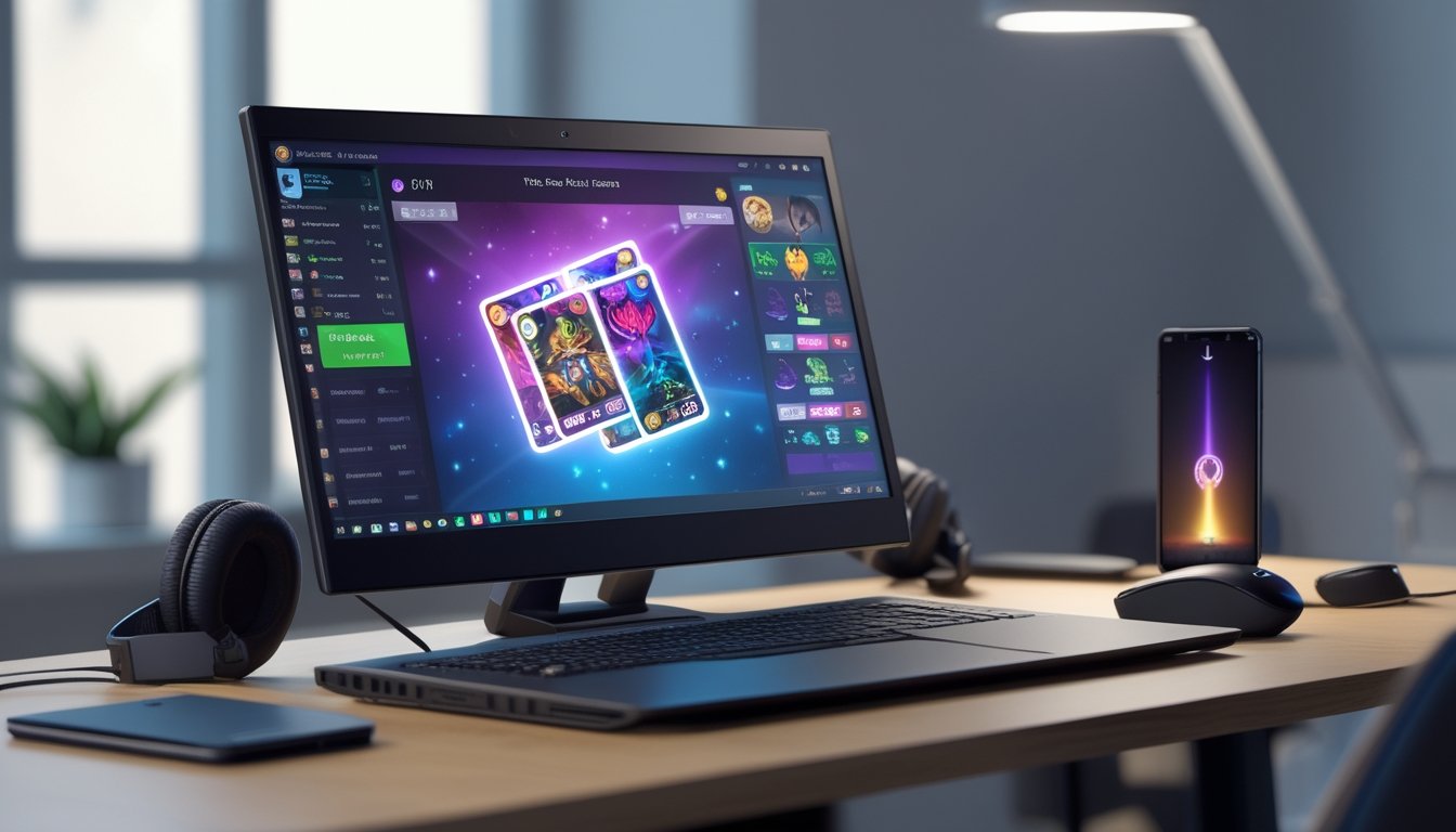 Meja kerja modern dengan laptop yang menampilkan permainan kartu online, dilengkapi aksesori gaming di sekitarnya.
