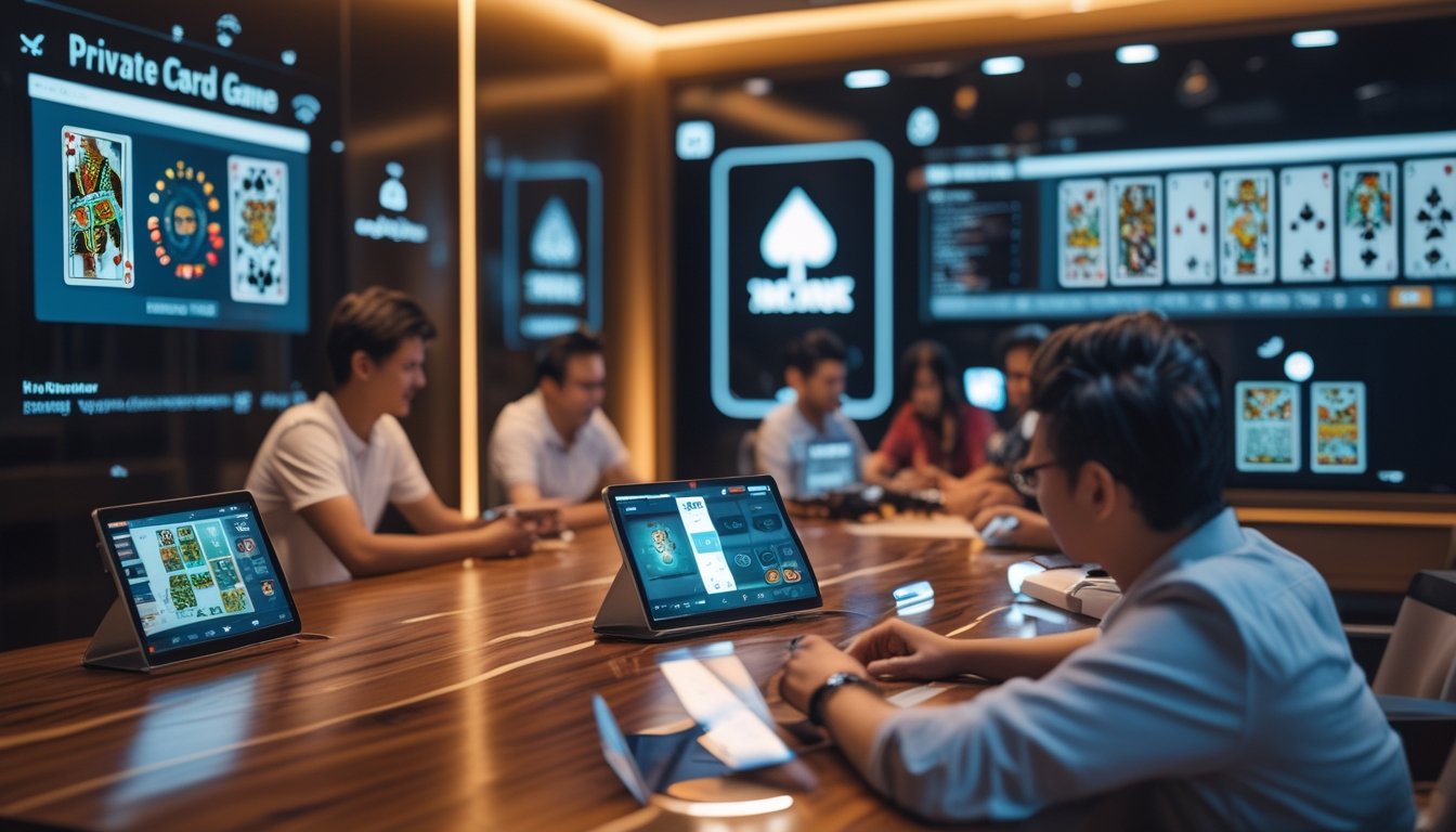 Ruang privat modern dengan meja kayu dan perangkat digital tempat beberapa orang bermain permainan kartu Ceme secara online.