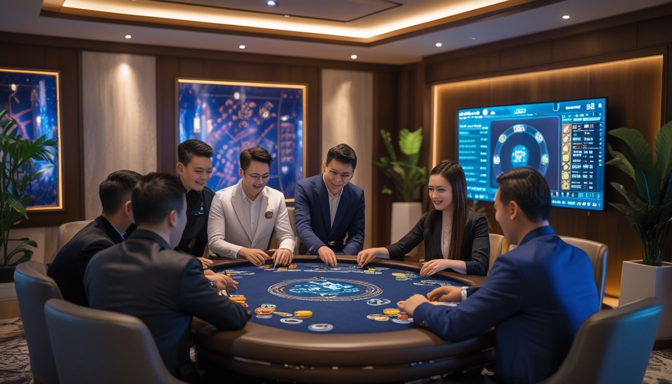 Ruangan pribadi mewah dengan beberapa orang bermain permainan kartu di meja digital.