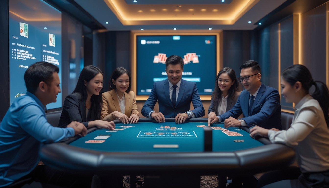 Orang-orang bermain kartu di ruangan pribadi yang modern dan nyaman dengan meja digital dan pencahayaan hangat.