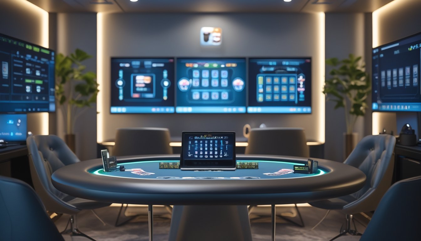 Ruang permainan pribadi yang nyaman dengan meja poker modern dan layar digital untuk bermain kartu secara online.