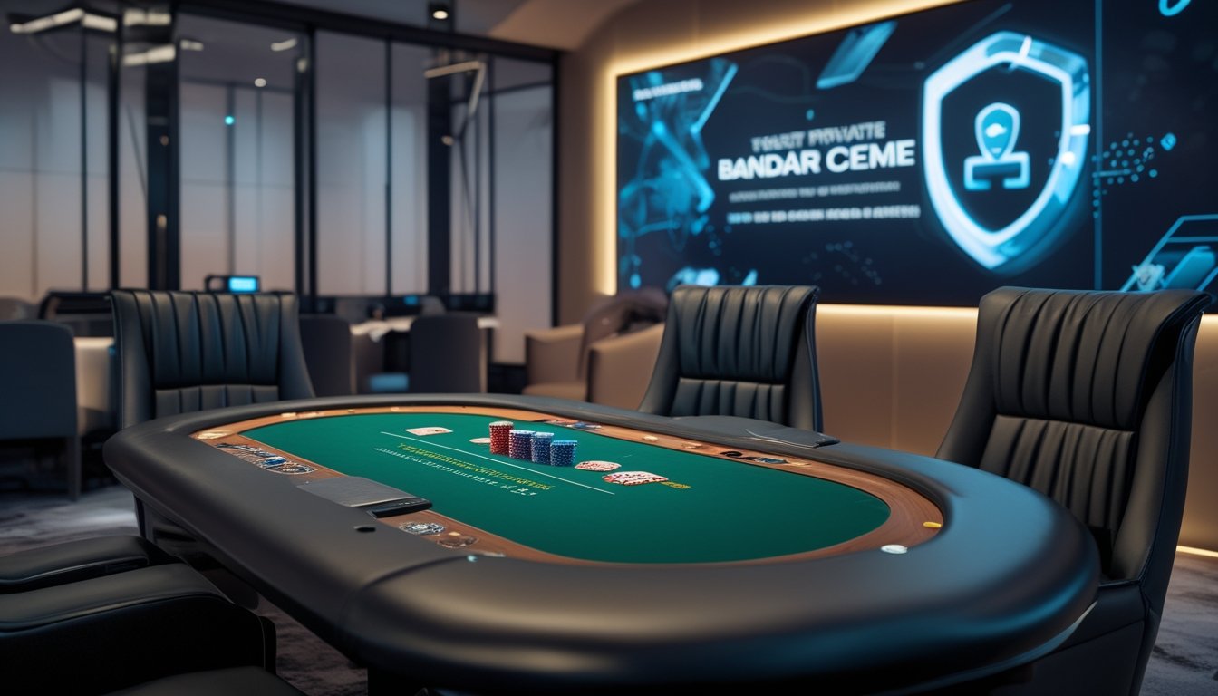 Ruangan permainan pribadi dengan meja poker, kursi kulit, kartu dan chip permainan, serta layar digital di latar belakang.