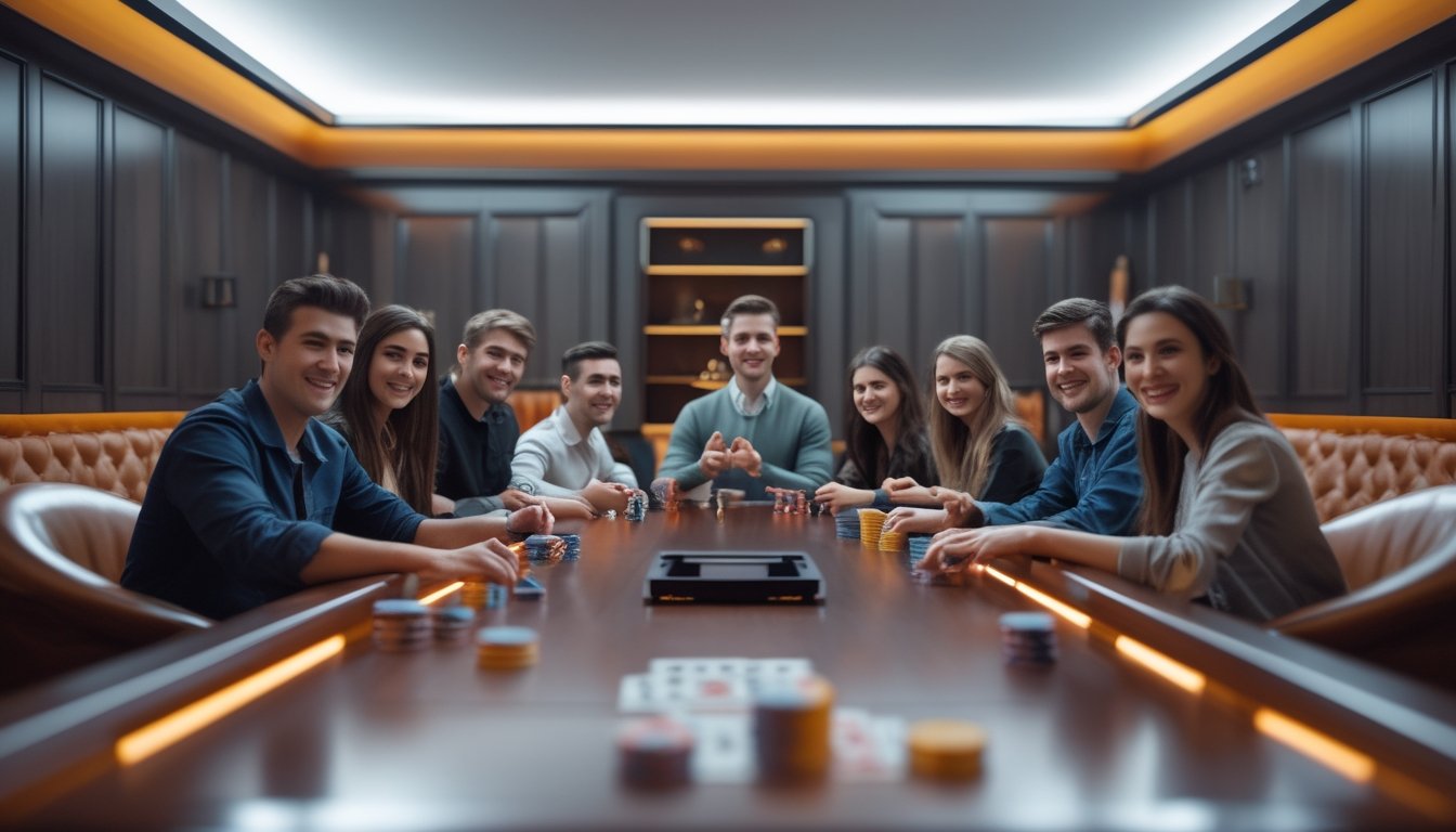 Ruang permainan pribadi dengan meja kartu dan chip, di mana sekelompok pemain muda sedang bermain dengan fokus dan antusias.