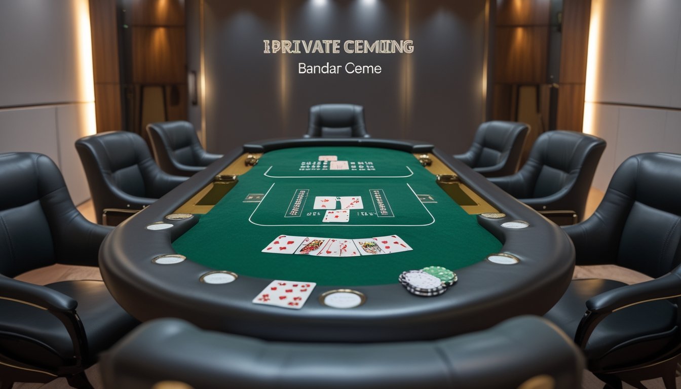 Ruangan pribadi modern dengan meja poker, kursi kulit, kartu remi, dan chip poker yang tertata rapi.