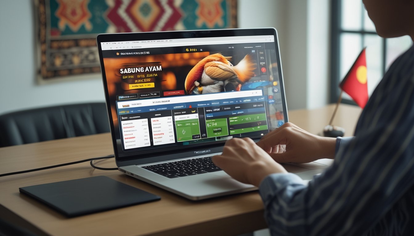 Seseorang menggunakan laptop di meja kerja dengan tampilan situs web taruhan sabung ayam online, di latar belakang terdapat elemen budaya Indonesia.