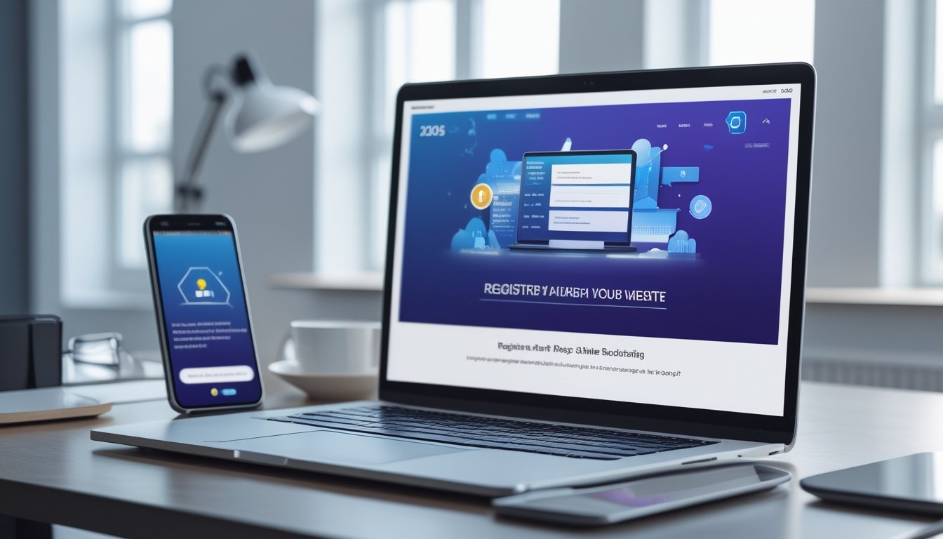 Meja kerja modern dengan laptop yang menampilkan halaman pendaftaran online, ponsel di samping, dan suasana kantor yang rapi.