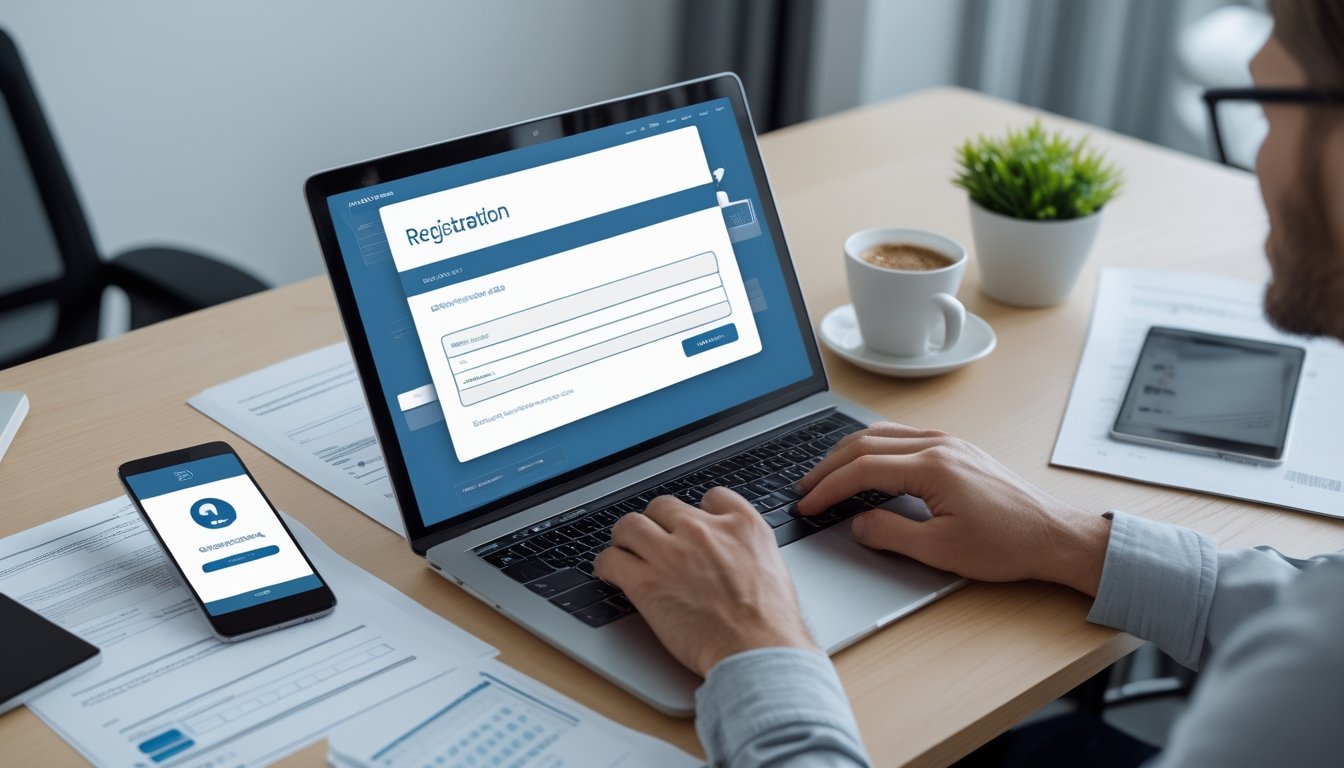 Seseorang sedang mengetik di laptop dengan formulir pendaftaran di layar, di meja terdapat dokumen, ponsel, dan secangkir kopi di ruang kantor yang terang.