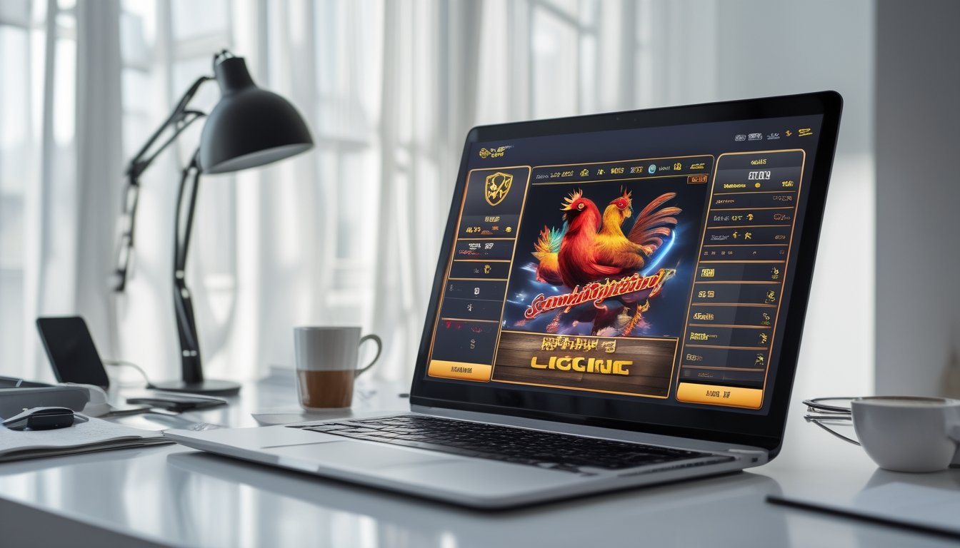 Meja kerja modern dengan komputer menampilkan platform digital untuk permainan sabung ayam, dilengkapi dengan ponsel dan secangkir kopi.