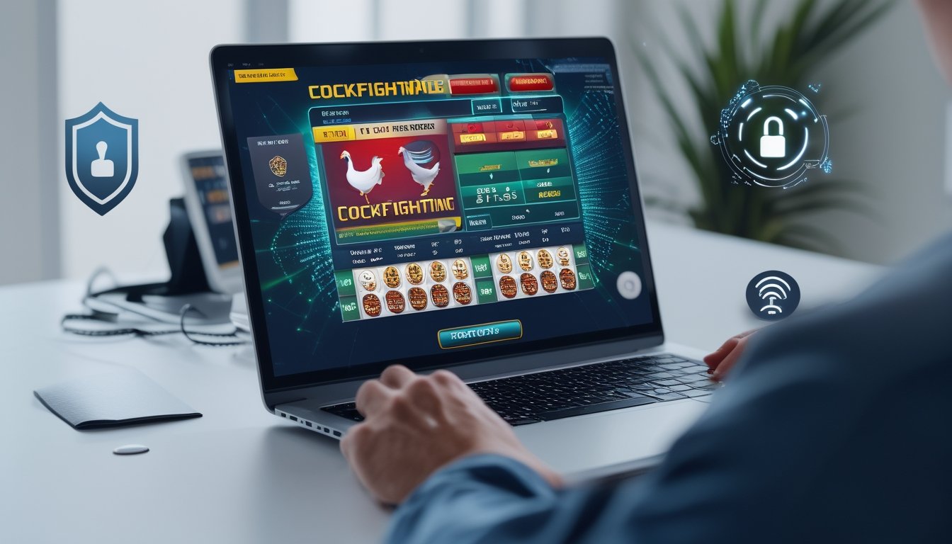 Sebuah laptop atau ponsel modern menampilkan antarmuka taruhan sabung ayam dengan simbol keamanan di latar belakang.